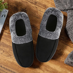 Papuci de iarna cu blana Mishansha, textil/cauciuc, negru/gri, 38 - Img 3