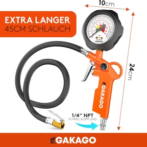 Pistol de umflat cu manometru Gakago, portocaliu/negru, 0-12 bar, 45 cm