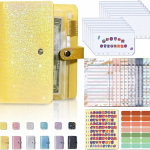 Planificator de buget cu accesorii si etichete Locsee, PU/hartie/plastic, galben, 19 x 13 cm