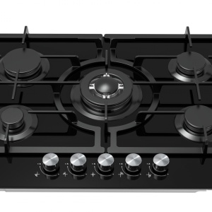 Plita incorporabila Heinner HBH-M705IWFGBK, Gaz, 5 arzatoare, Latime 75cm, Gratar fonta, Wok, Aprindere electrica, Sticla neagra - Img 3