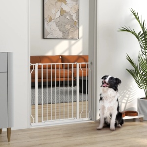 Poarta pentru caini cu latime reglabila 75-95cm, otel/ABS, 76cm inaltime, dublă blocare, kit extensie 10cm inclus, alb - Verificat A · Re-Bloom - Img 2
