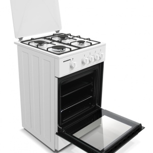Produs Resigilat Aragaz gaz HEINNER HFSC-K50WH, 50x50cm, 4 arzatoare, suport email, capac metalic, dispozitiv de siguranta plita si cuptor, usa cuptor cu geam dublu detasabil, duze gpl incluse, tava si gratar cromat, dimensiuni: 50x50x85cm, culoare: alb - Img 4