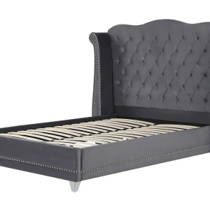 Produs Resigilat Pat matrimonial Re-Bloom Ayette, 160x200 cm, catifea/eucalipt/fier/pin/placaj, somiera 30 lamele arc, tablie 205x154 cm, 220 kg, gri - Verificat A - Img 6