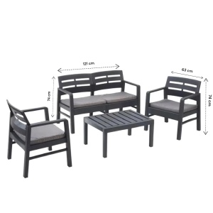 Progarden set mobilier gradina Java 4 piese, polipropilena, canapea 2L 121x58x74 cm + 2 scaune 63x58x74 cm + masa 74x55x38 cm, perne incluse, antracit - Verificat A · Re-Bloom - Img 3