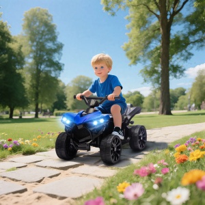 Quad electric pentru copii ATV, metal/PP, 70x42x45 cm, baterie 6V 4.5Ah, viteza 1.5-3km/h, faruri LED, muzica, incarcare 8-12h/autonomie 40min, capacitate 25kg, varsta 18-56 luni, albastru/negru - Verificat A · Re-Bloom - Img 2