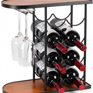 Raft de vin pentru 8 sticle si 2 pahare JUJOYBD, lemn/metal, negru/maro, 42 x 40 x 19 cm - Img 5