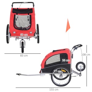Remorca de bicicleta 2in1 carucior pentru animale, otel/poliester Oxford impermeabil/PU, 155x83x108 cm, spatiu interior 77x60x56 cm, roti spate 51cm + fata 25cm pivotanta 360°, capacitate 30kg, potrivita caini pana la 20kg/53cm, rosu/negru - Verificat A · - Img 6