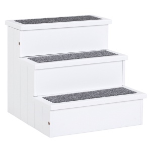 Scara din lemn cu 3 trepte pentru animale Re-Bloom, lemn pin/covor panza, 44.5x40.5x38 cm, 30 kg, alb - Verificat A · Re-Bloom
