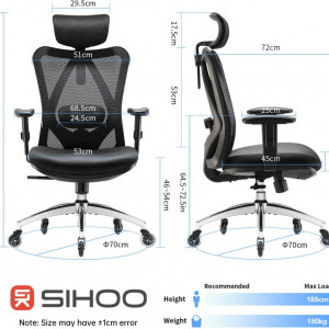Scaun de birou ergonomic Sihoo, suport lombar reglabil,tetiera reglabila, roți poliuretanice, gri, 46 x 61 x 110 cm - Img 7