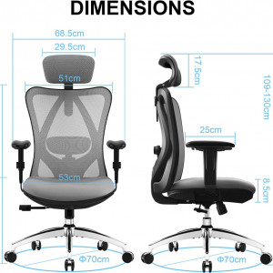 Scaun de birou ergonomic Sihoo, suport lombar reglabil,tetiera reglabila, gri, 72 x 68,5 x 130 cm - Img 6