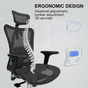 Scaun ergonomic de birou SIHOO, textil, negru/argintiu, 51 x 46 x 107/123 cm - Img 3