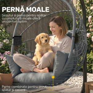 Scaun suspendat de exterior tip ou cu perna, otel/poliester/spuma/franghe PP, 115x106x188 cm, cos 90x62x114 cm, sezut 74x56cm/inaltime 43cm, capacitate 120kg, gri - Verificat A · Re-Bloom - Img 4