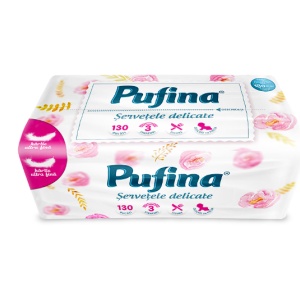 Servetele faciale Pufina Mega Pack, 3 straturi, 100% celuloza, ultra soft, 130 buc, Resigilat, Grad A