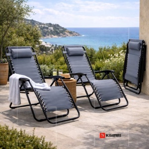 Set 11 sezlonguri pliabile Kiwari Beach 165x65x113 cm, gravitatie zero, cadru metalic/textil, tetiera, portabil, plaja/piscina/terasa, gri - Img 3