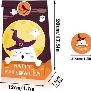 Set 12 pungi si 2 foi cu stickere pentru Halloween, hartie, multicolor, 12 x 7,8 x 20 cm