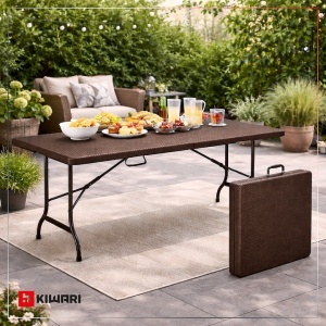 Set 15 mese pliante Kiwari Event 180x75 cm, HDPE/cadru metalic ranforsat, sistem pliere rapida, gradina/terasa/evenimente, maro - Img 3