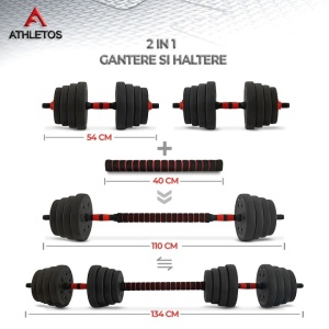 Set 2 gantere reglabile, Athletos®, 30 kg, convertibile in haltera cu bara conectoare, discuri ciment, multiple combinatii, Rosu/Negru, Resigilat, Grad A - Img 3