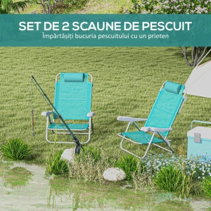 Set 2 scaune de camping pliabile cu tetiera si spatar reglabil in 6 pozitii, aluminiu/plasa transpirabila/spuma, 62x65x80 cm pliat 72x65x17 cm, sezut 47x39x20 cm, tetiera 25x13x5 cm, capacitate 120kg, albastru/gri - Verificat A · Re-Bloom - Img 6