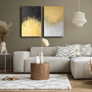 Set 2 tablouri decorative canvas, 2x45x70 cm, panza 100% 2.8mm, cadru lemn pin 100%, dimensiune totala 95x70 cm, alb/auriu/negru - Verificat A · Re-Bloom - Img 2