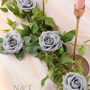 Set 25 de trandafiri artificiali N&T Nieting, spuma/metal, gri/verde, 8 x 18 cm