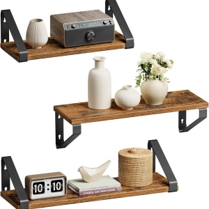 Set 3 rafturi de perete Vasagle, PAL/otel, negru/maro rustic, 30/35/40 cm