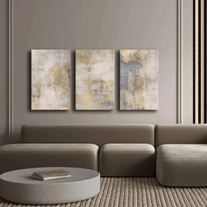 Set 3 tablouri decorative canvas, 3x45x70 cm, dimensiune totala 145x70 cm, panza 100% 2.8mm, cadru lemn pin 100%, gri/auriu - Verificat A · Re-Bloom - Img 3