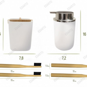 Set 4 periute de dinti, cu suport si dispenser de sapun Edarto, bambus/metal, alb/natur/argintiu