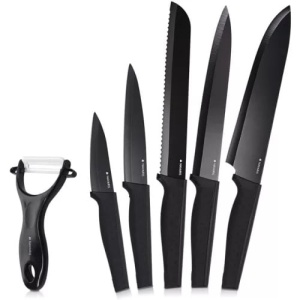 Set 5 cutite de bucatarie, din otel inoxidabil, 1 cutit de curatat din ceramica, Navaris, negru, Resigilat, Grad A