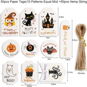 Set 50 etichete cu snur pentru Halloween Butyeak, hartie/textil, multicolor