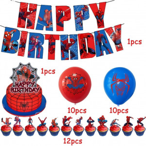 Set aniversar cu Spider Man pentru copii Babioms, latex/hartie, rosu/albastru, 32 piese