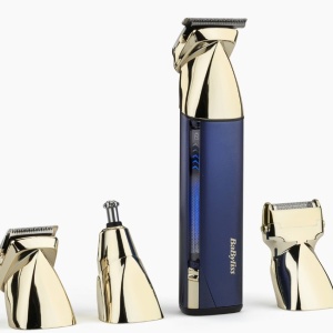 Set aparat de tuns parul si barba Babyliss Super-x Metal Series MT992E, 15 in 1 multi trimmer, auriu/albastru marin, Resigilat, Grad A