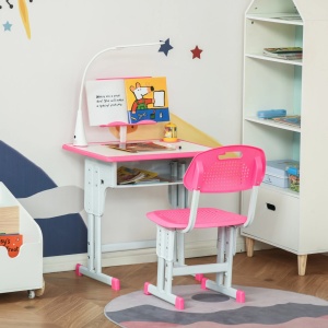 Set birou + scaun ergonomic pentru copii 6-12 ani, PP/MDF/otel, birou 60x45x90-102cm + scaun 40x36x70-74cm, inaltime reglabila, lampa LED 5W, sertar, suport carti, roz - Verificat A · Re-Bloom - Img 6