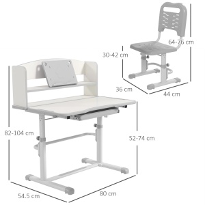Set birou si scaun copii 6-12 ani, reglabil 82-104 cm, blat inclinabil 45°, sertar, raft carti, MDF/PP/otel, gri si alb - Verificat A · Re-Bloom - Img 3