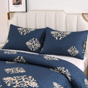 Set cuvertura de pat si 2 fete de perna VIVILINEN, poliester/bumbac, albastru inchis/alb/auriu, 170 x 210 cm - Img 5