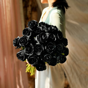 Set de 10 trandafiri artificiali Hawesome, matase/plastic, negru/verde, 54 cm - Img 6