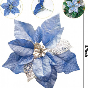 Set de 12 flori cu sclipici pentru bradul de Craciun KEPATO, albastru, textil, 22 cm - Img 5