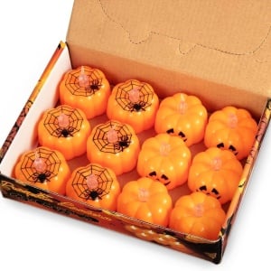 Set de 12 lumanari pentru Halloween Litake, LED, model dovleac, plastic, portocaliu, 4,2 x 4,8 cm