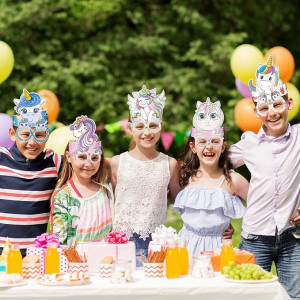 Set de 12 masti si 12 ochelari cu unicorni pentru copii Qpout, carton, multicolor - Img 4