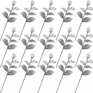 Set de 15 crengute cu frunze decorative Geosar, metal/matase, gri/argintiu, 34 x 10 cm - Img 3