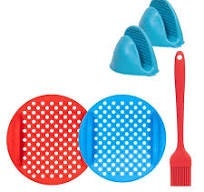 Set de 2 covorase cu manusi si pensula pentru friteuza cu aer Capoferri, silicon, albastru/rosu, 20 cm - Img 1
