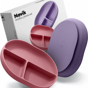 Set de 2 farfurii cu ventuza pentru bebelusi Navik, silicon, roz/violet, 21,3 x 17 x 3,4 cm - Img 1