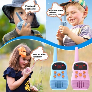 Set de 2 jucarii Walkie Talkie pentru copii Exclusky, plastic/nailon, albastru/roz/negru,