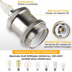Set de 2 kit-uri de lumina pentru soclu E27 Befurglor, cablu reglabil 1,2 m, metal, argintiu - Img 4