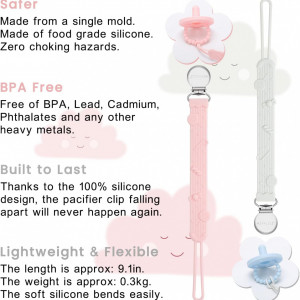 Set de 2 suporturi cu clema pentru suzeta bebelusului Cldy, silicon, roz/alb, 23 cm 