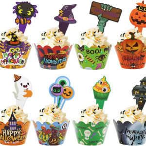 Set de 24 decoratiuni pentru tort de Halloween Boerni, hartie, multicolor, 8 x 12 cm 