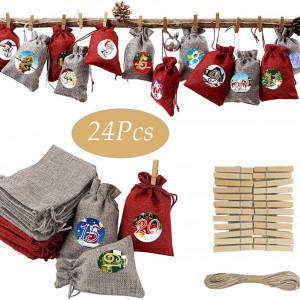 Set de 24 saculeti 24 cleme si 24 stickere pentru calendarul de advent Dsplopk, lemn/in/PVC, multicolor - Img 1