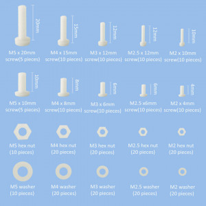 Set de 270 suruburi/piulite Loscrew, M2 /M2.5/ M3/ M4/ M5, nailon, alb, 12,7 x 6,5 cm - Img 6