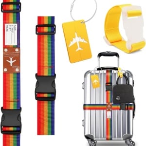 Set de 3 curele si o eticheta pentru valize Hnoom, polipropilena/plastic, multicolor