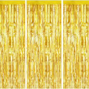 Set de 3 perdele cu franjuri Shengyuantong, folie, auriu, 100 x 200 cm