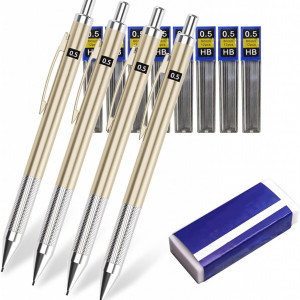 Set de 4 creioane mecanice, 8 cutii cu mine si o radiera HANSHEUNG, metal, argintiu/auriu, 14,5 x 0,9 cm